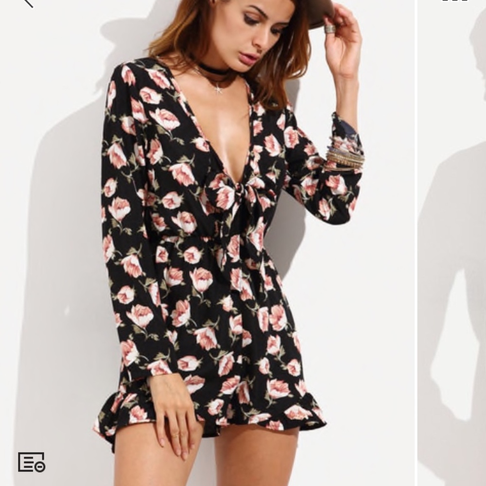 Deep V Neck Flower Print Knotted Ruffle Hem Romper